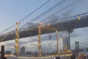 Buque mexicano roza el Puente de Brooklyn