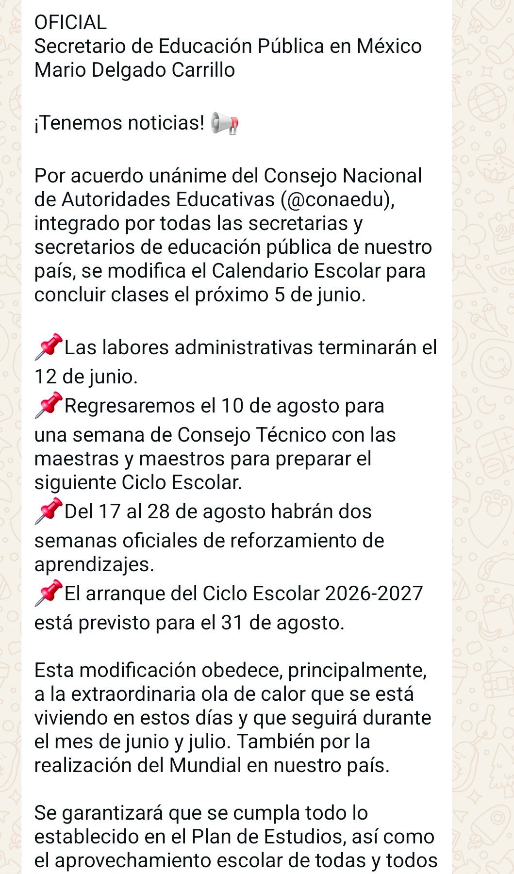 Mario Delgado anuncia modificación al Calendario Escolar 2025-2026 de la SEP