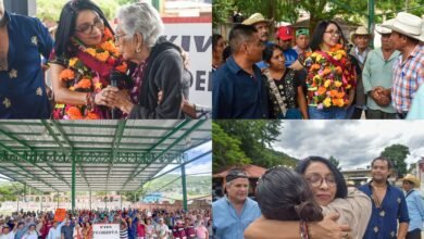 Esthela Damián Peralta durante asamblea en Alcozauca con comunidades de la Montaña de Guerrero